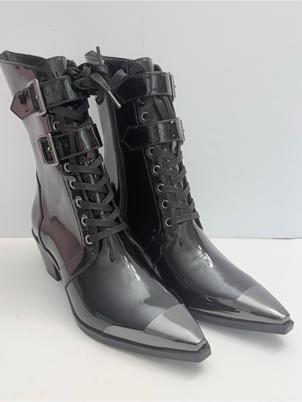 KILLSTAR Dark Sin Boots Womens 8 Black Patent Pointed Toe Buckle Goth Punk New - Picture 5 of 16